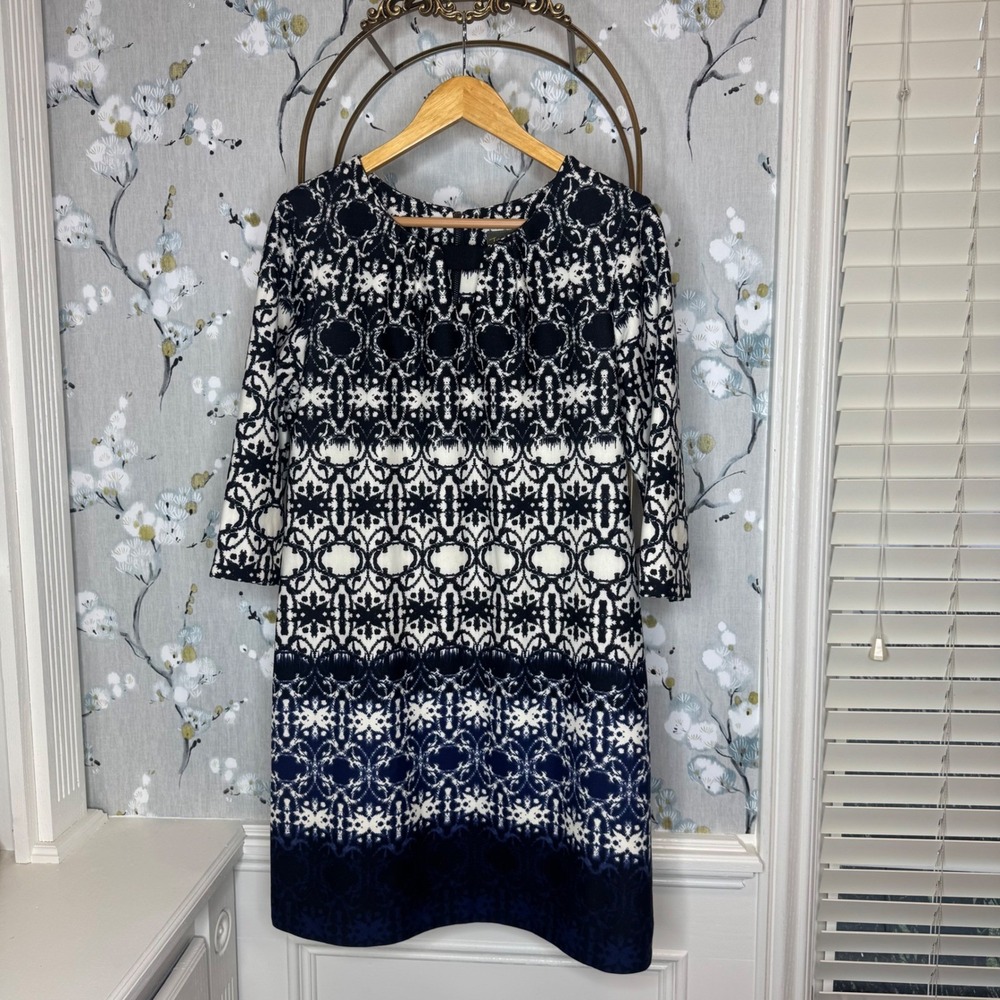 Taylor Womens Navy White Geometric Ombre 3/4 Sleeve Shift Dress‎ Size 10